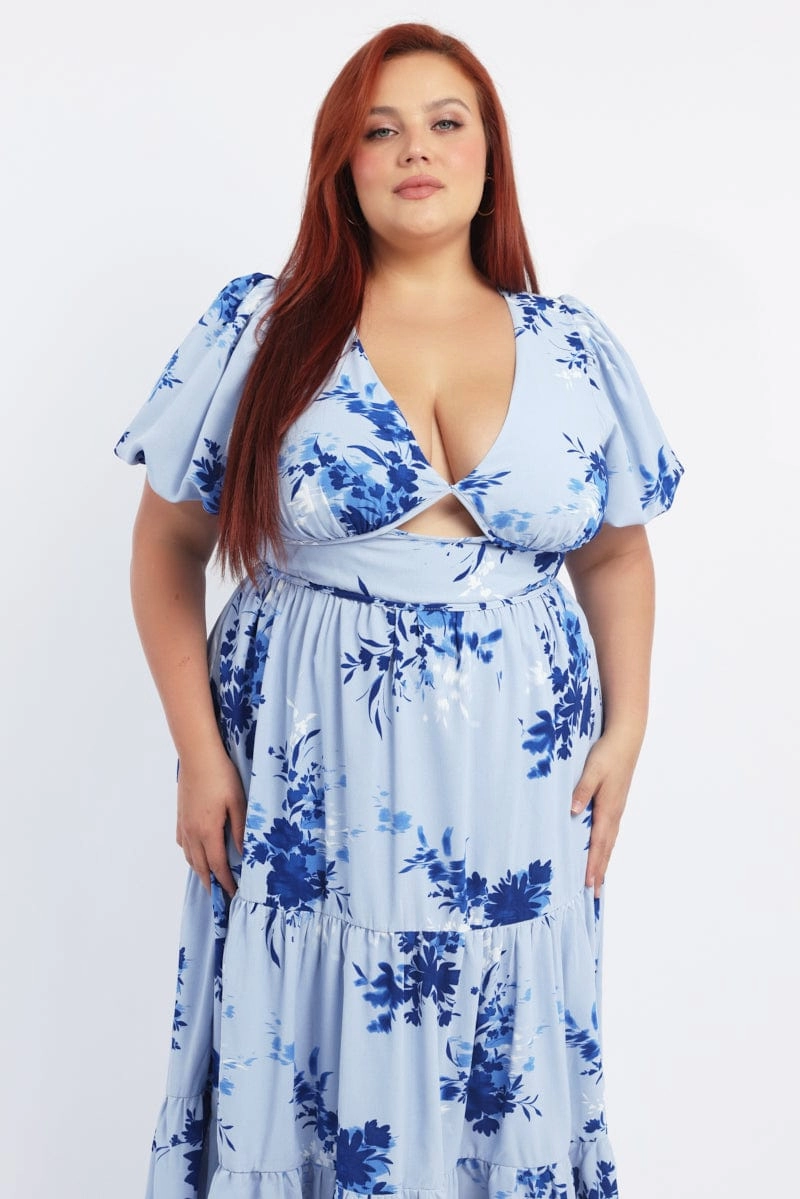 Blue Floral Midi Dress Puff Sleeve Cut Out Tiered Wedding-Guest