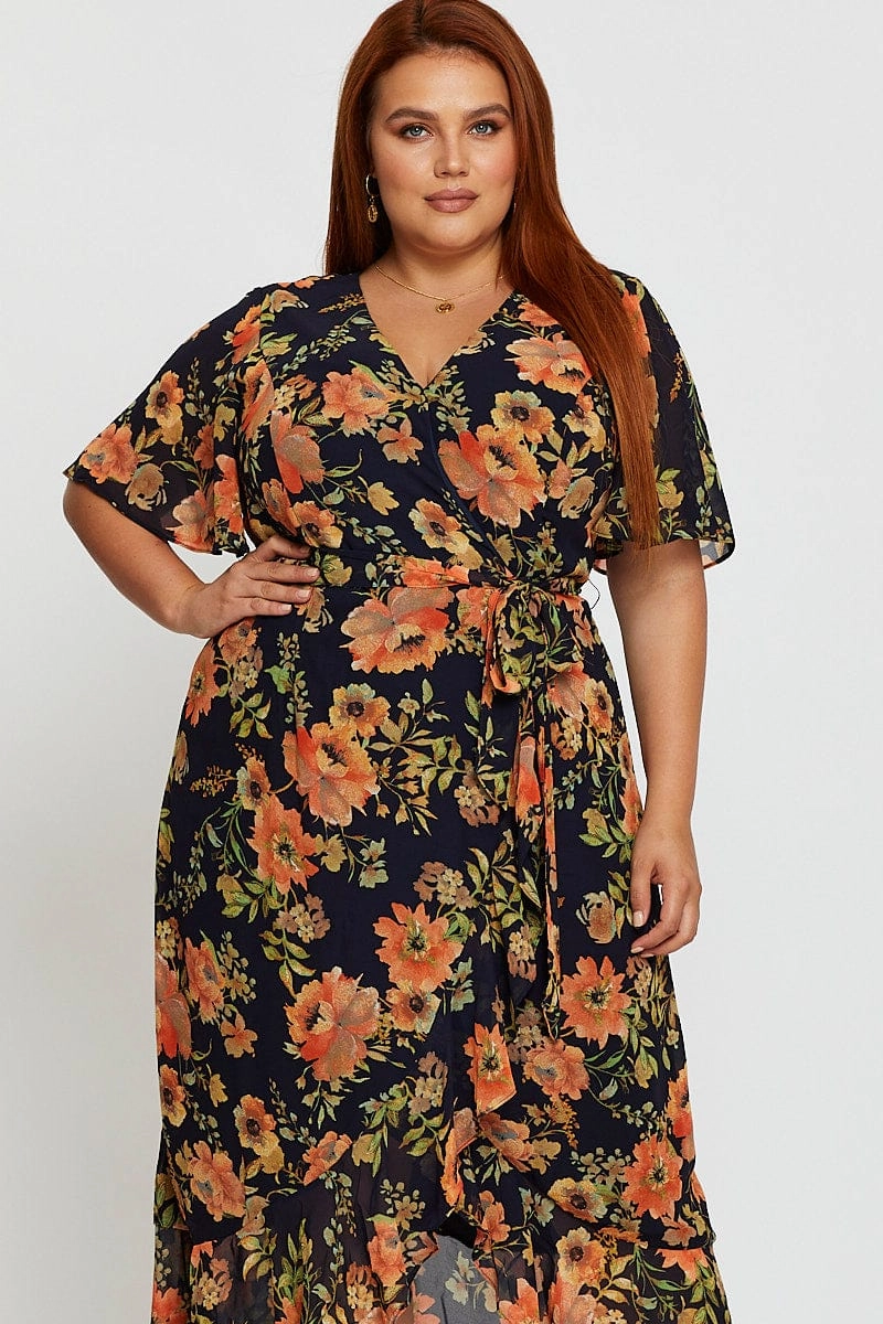Smooth Finish Blue Floral Print Midi Dress V-neck Short Sleeve