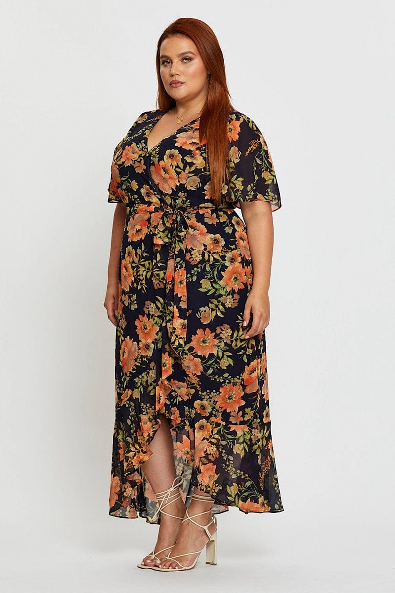 Blue Floral Print Midi Dress V-neck Short Sleeve Quick Elegance