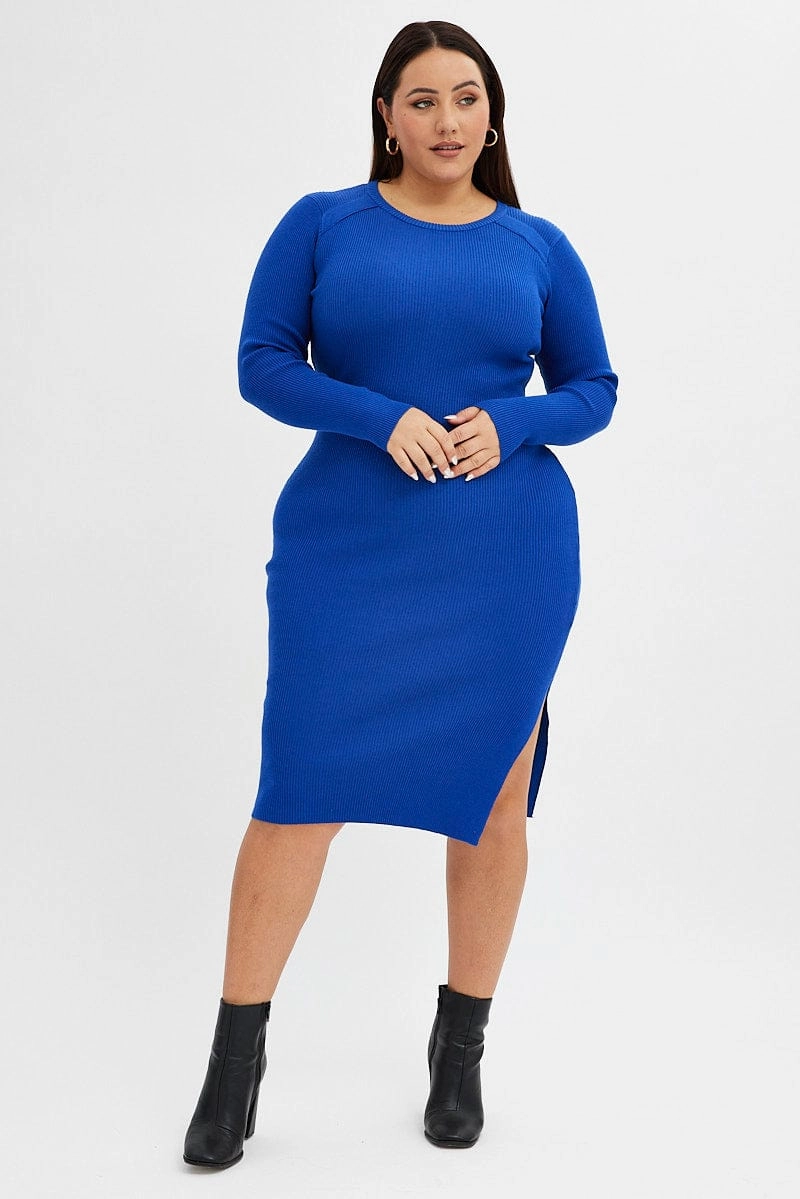 Blue Knit Dress Raglan Round Neck Side Split Empire Waist Polished Fit