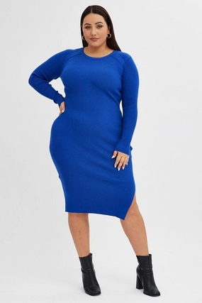 Soft Motion All Layer Blue Knit Dress Raglan Round Neck Side Split