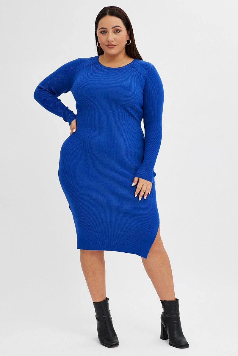 Soft Motion All Layer Blue Knit Dress Raglan Round Neck Side Split