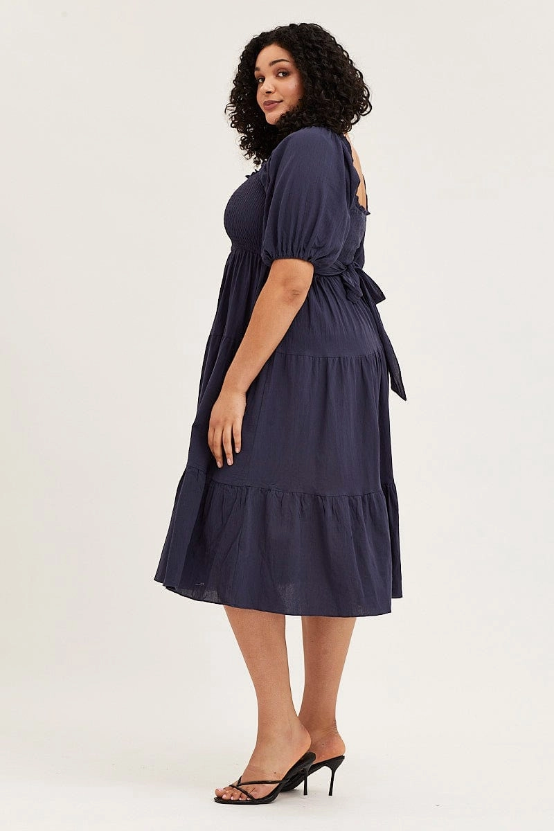 Perfect Look Blue Midi Dress Off Shoulder Short Sleeve