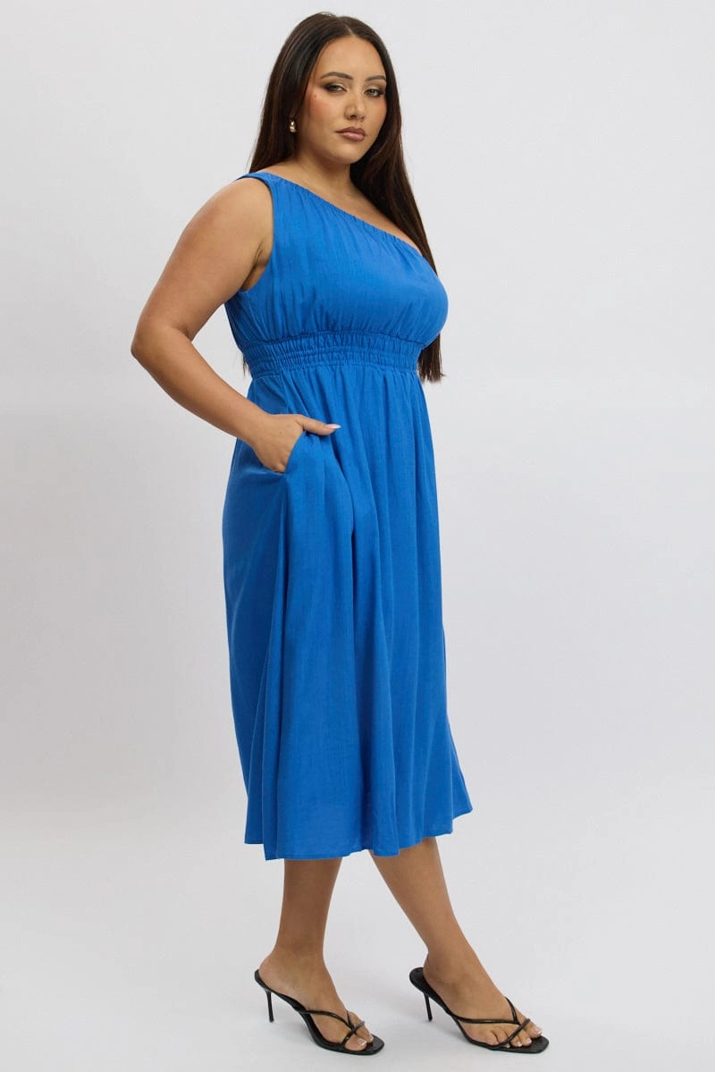 WrinkleResistantFinish Blue Midi Dress One Shoulder Linen Blend