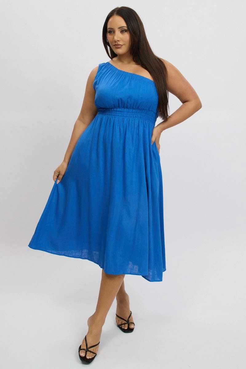 Versatile party outfit Blue Midi Dress One Shoulder Linen Blend