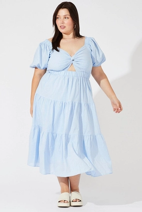 Silky-Feel Office Classic Blue Midi Dress Short Sleeve Tiered Cotton