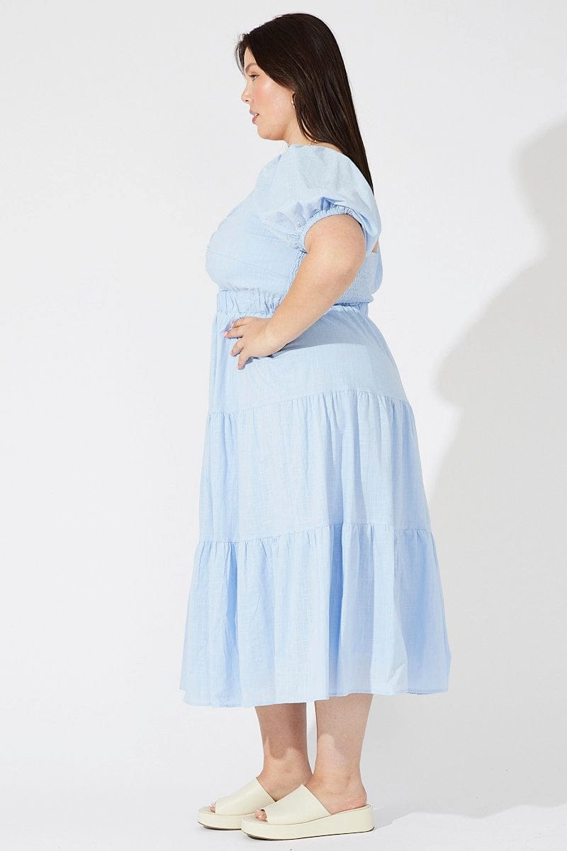 Satin Touch Moment Glow Blue Midi Dress Short Sleeve Tiered Cotton