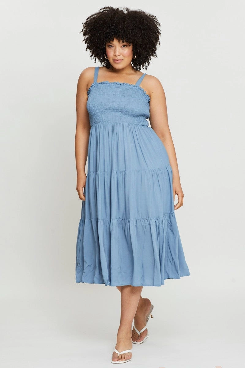 Blue Midi Dress Square Neck Sleeveless Fit For All Body Ease