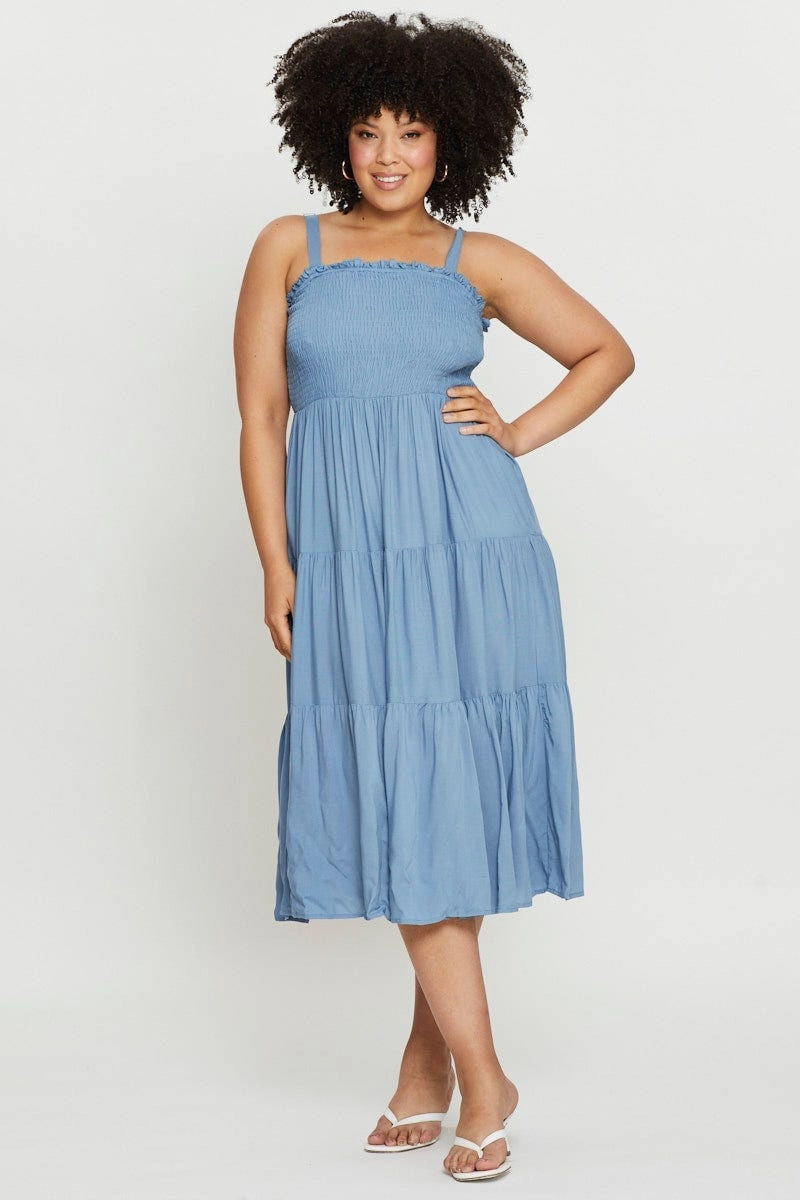Blue Midi Dress Square Neck Sleeveless Back Detail Glam Feel