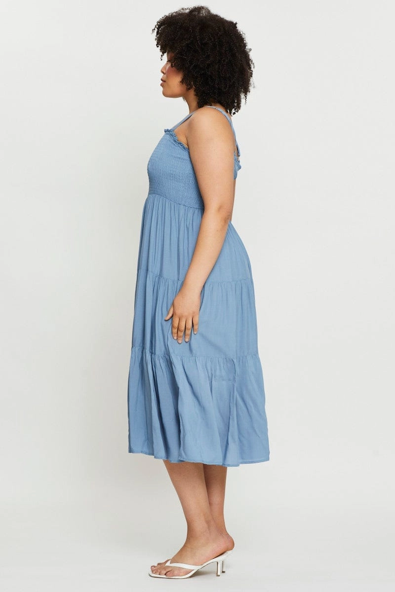 Cozy Texture Blue Midi Dress Square Neck Sleeveless