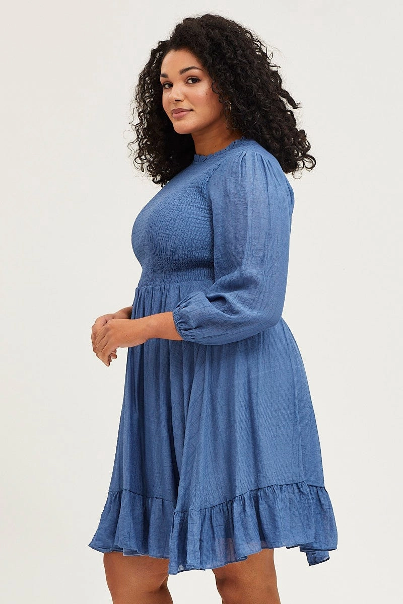 Blue Skater Dress Round Neck Long Sleeve Shirred Gender Free