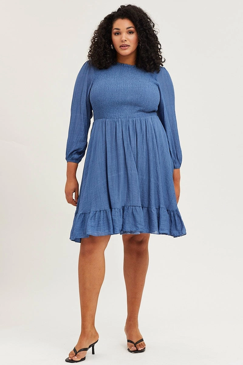 Blue Skater Dress Round Neck Long Sleeve Shirred Grace Base