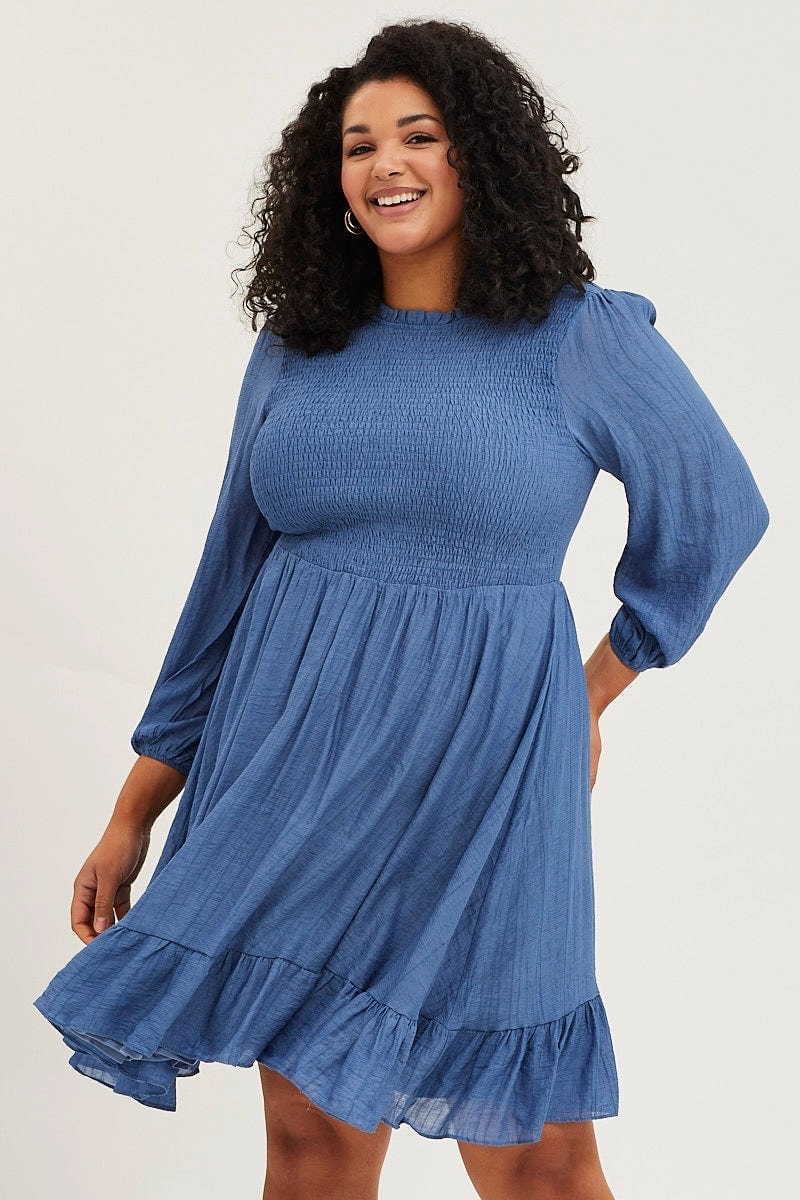 Soft Detail Blue Skater Dress Round Neck Long Sleeve Shirred