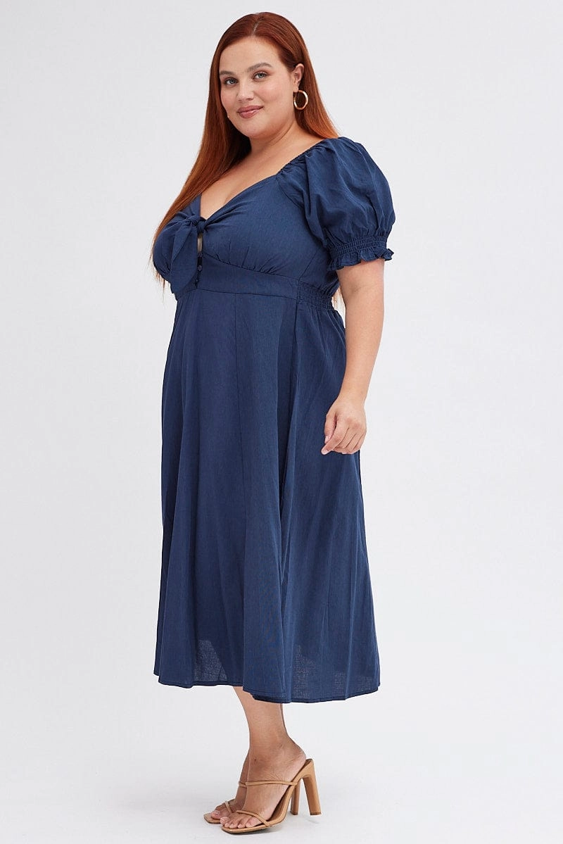Blue Tie Front Button Midi Dress Modern Form