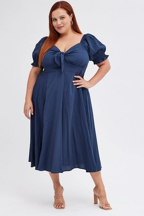 Soft Drape Flattering and Chic Blue Tie Front Button Midi Dress