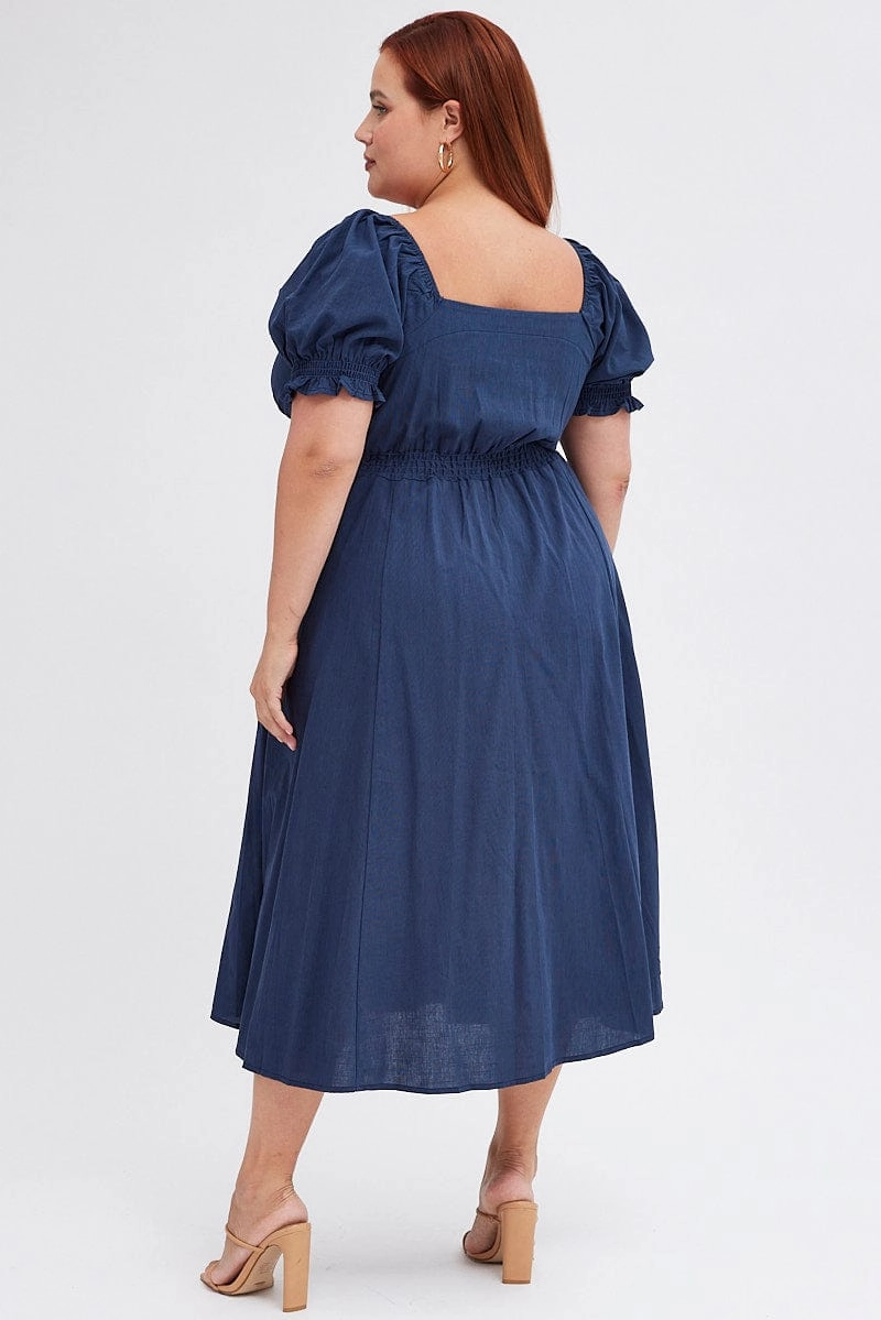 Lounge Mode Blue Tie Front Button Midi Dress