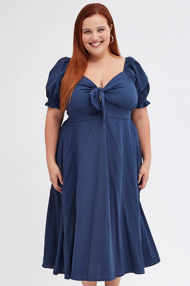 Back-Zip Blue Tie Front Button Midi Dress