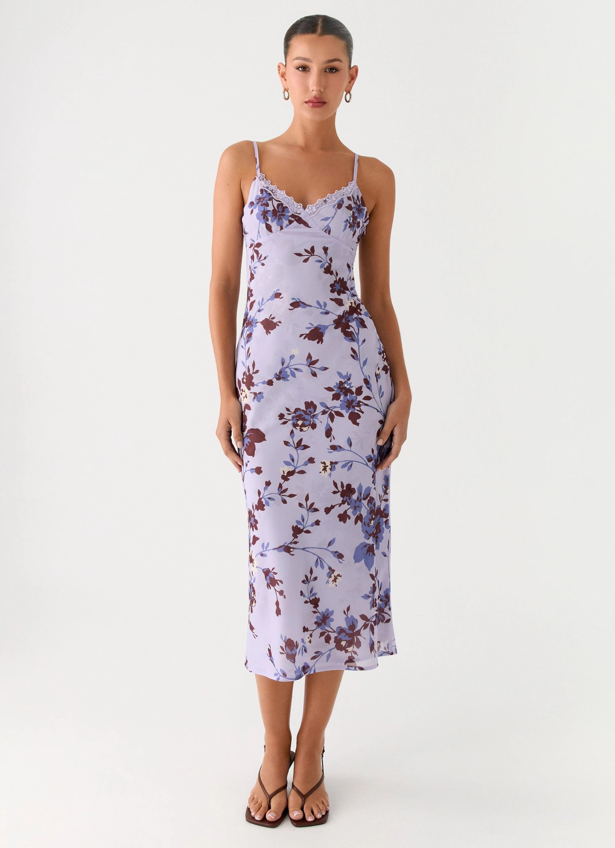 Panelled-Design Bluma Lace Trim Midi Dress - Antique Lilac Floral