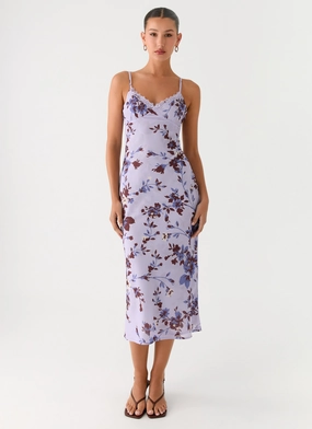 Panelled-Design Bluma Lace Trim Midi Dress - Antique Lilac Floral
