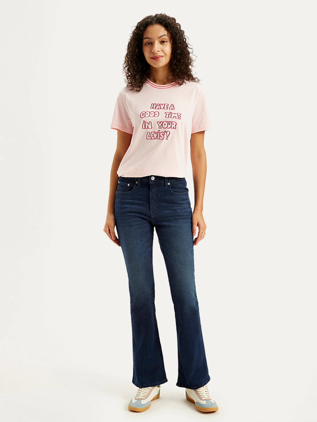 Women's 725 Blue Flared Fit High Rise Jeans Travel Essential Loose Textured Travel Outfit