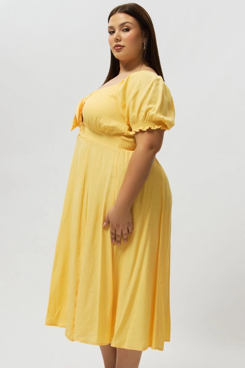 Yellow Midi Dress Short Sleeve Tie Front Street Ready loose silhouette