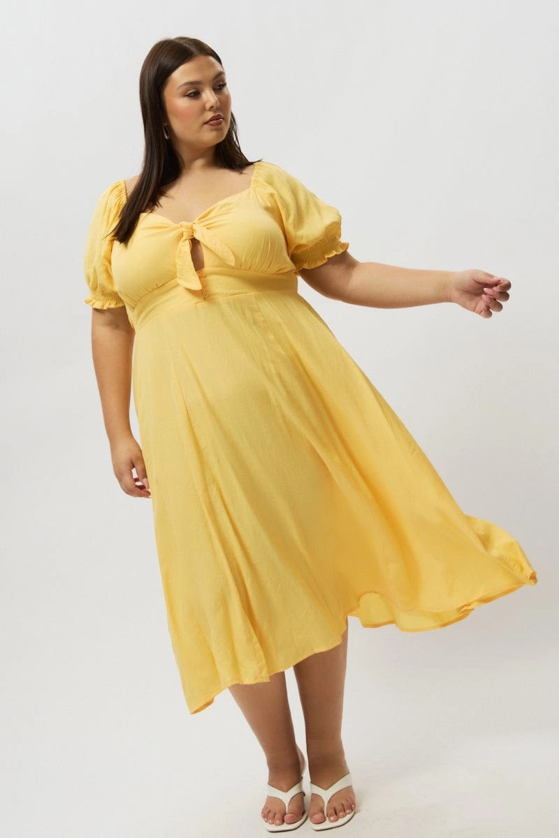 Dream Look Yellow Midi Dress Short Sleeve Tie Front