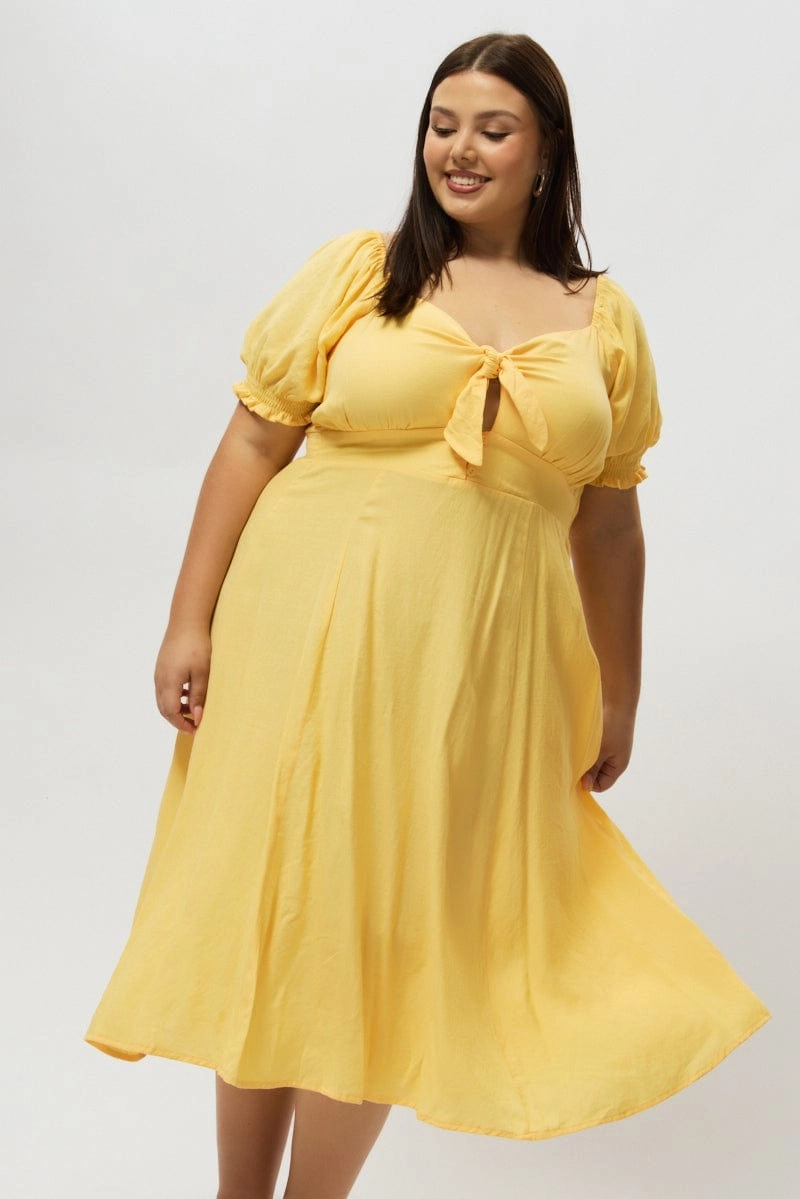 Sage Glow Work Flex Yellow Midi Dress Short Sleeve Tie Front