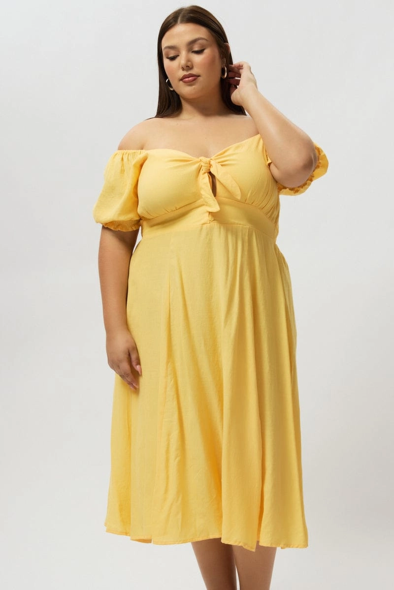 Smile Soft Relaxed Comfort Look Yellow Midi Dress Short Sleeve Tie Front