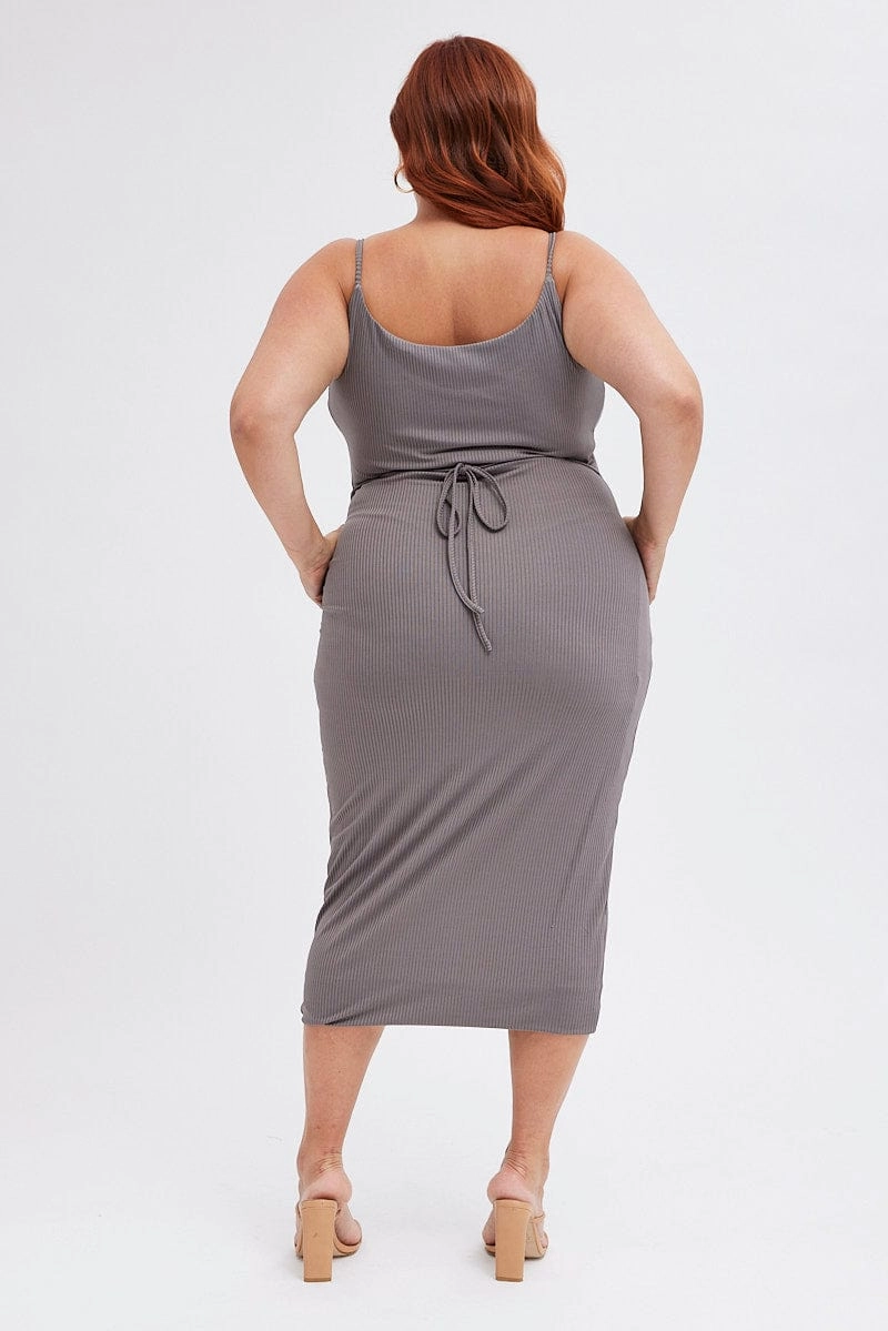 Grey Rib Jersey Midi Dress Tie Waist Love Energy