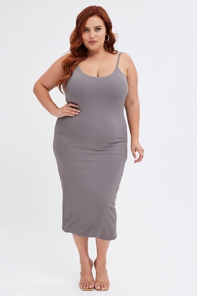 Grey Rib Jersey Midi Dress Tie Waist understated look