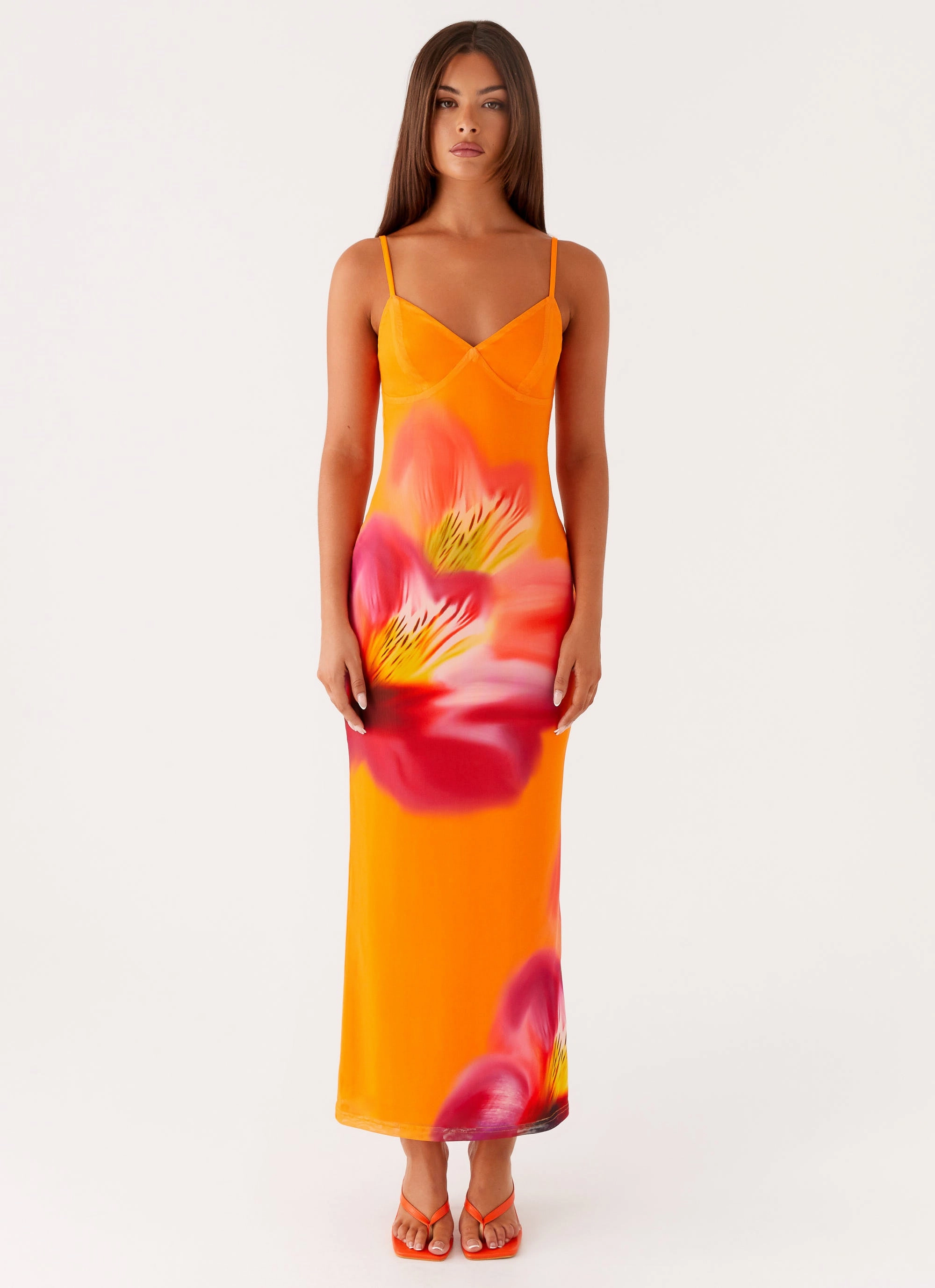 Kasey Midi Dress - Orange Tropical Lightweight-Comfort Bust-Enhancing
