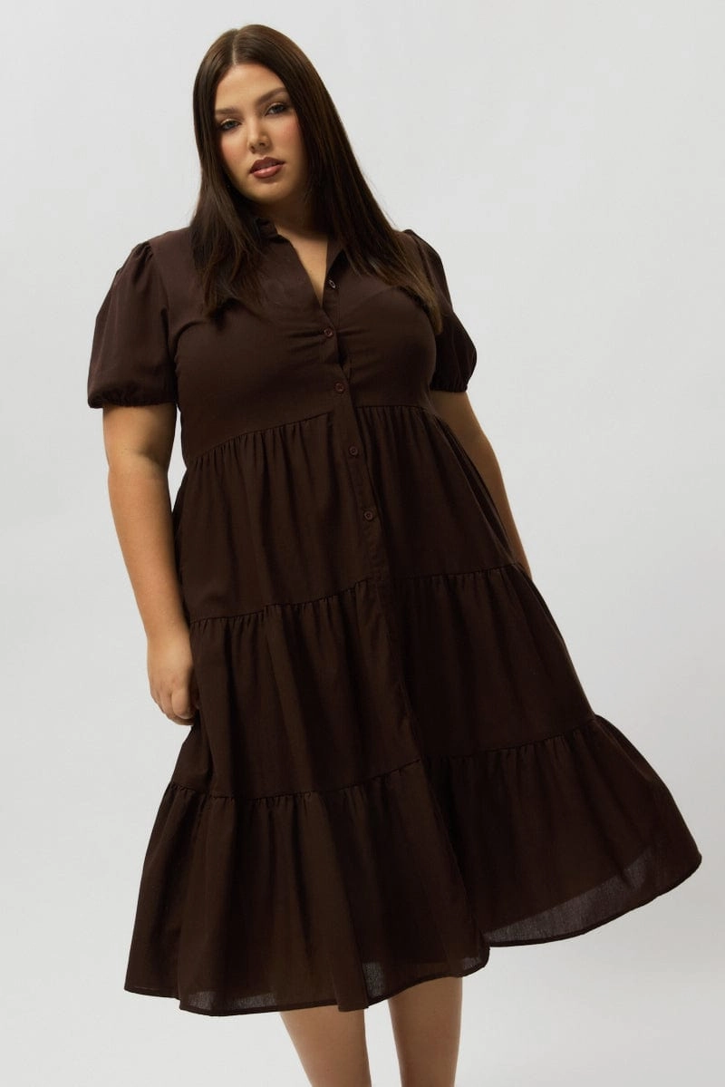 Layered Texture Flawless Waistband Fit Brown Midi Dress Short Sleeve Shirt