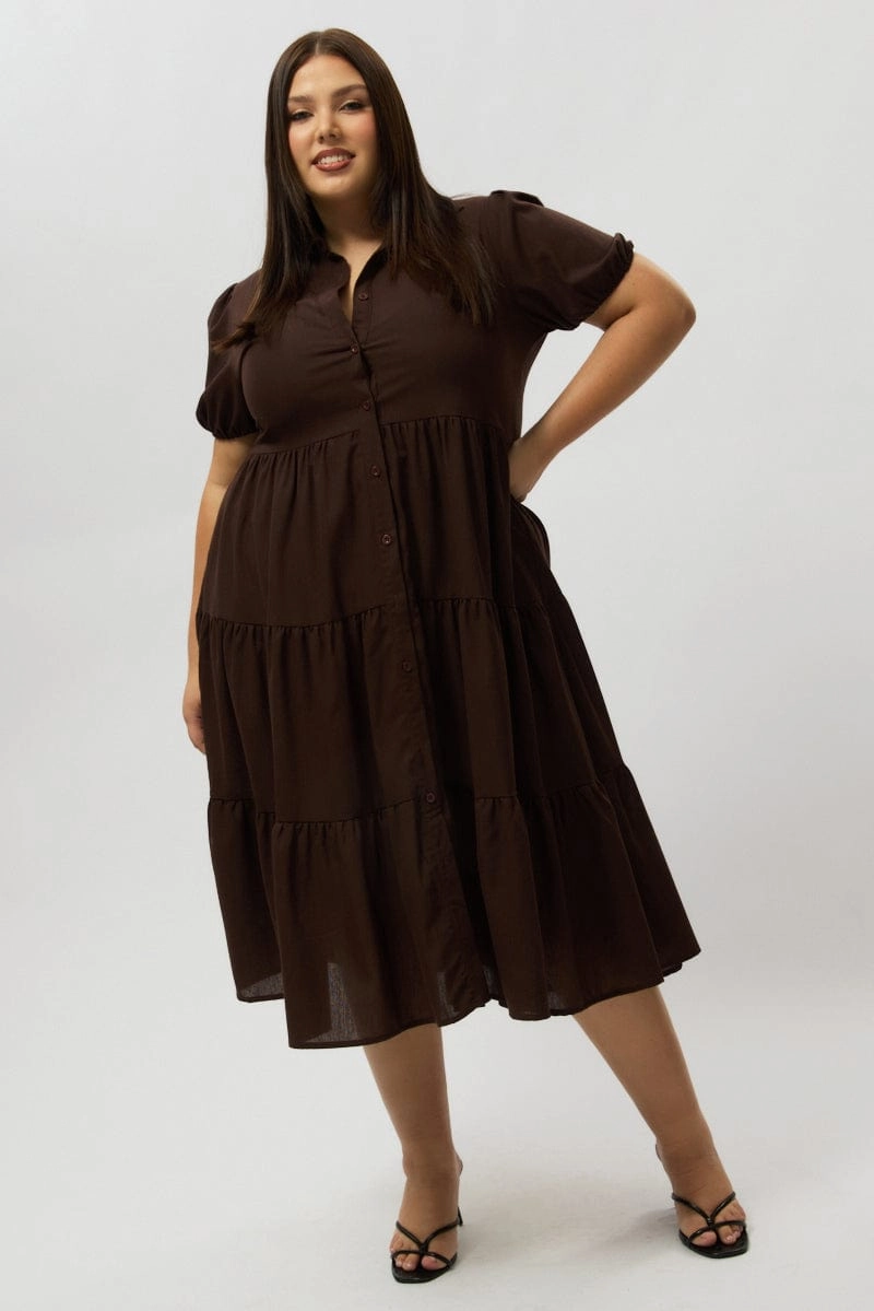 All-season Brown Midi Dress Short Sleeve Shirt