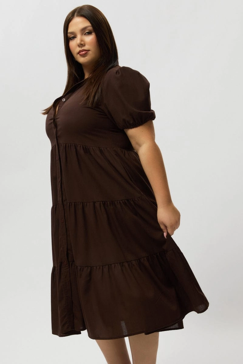 Brown Midi Dress Short Sleeve Shirt Timeless Style