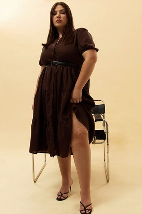 Brown Midi Dress Short Sleeve Shirt Clean Flow Softly Structured