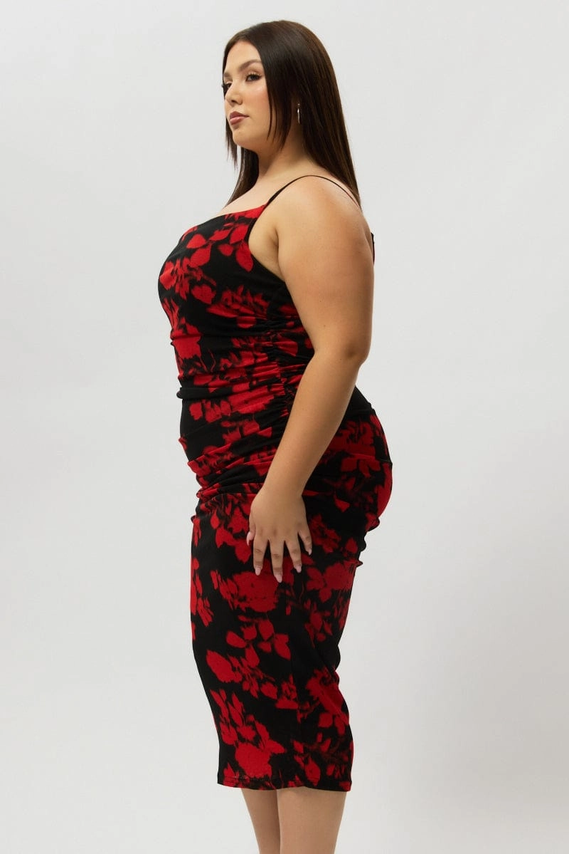 Red Abstract Cowl Shoestring Strap Stretch Dress Magic Day Stretch-Recovery