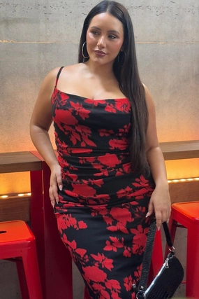 Red Abstract Cowl Shoestring Strap Stretch Dress Convertible-Style