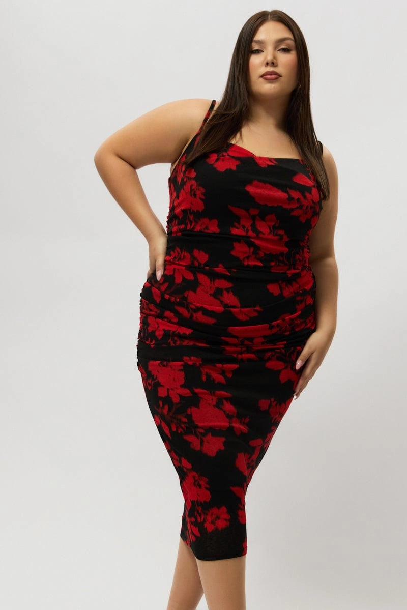 Red Abstract Cowl Shoestring Strap Stretch Dress Elegant Finish Basic Warm