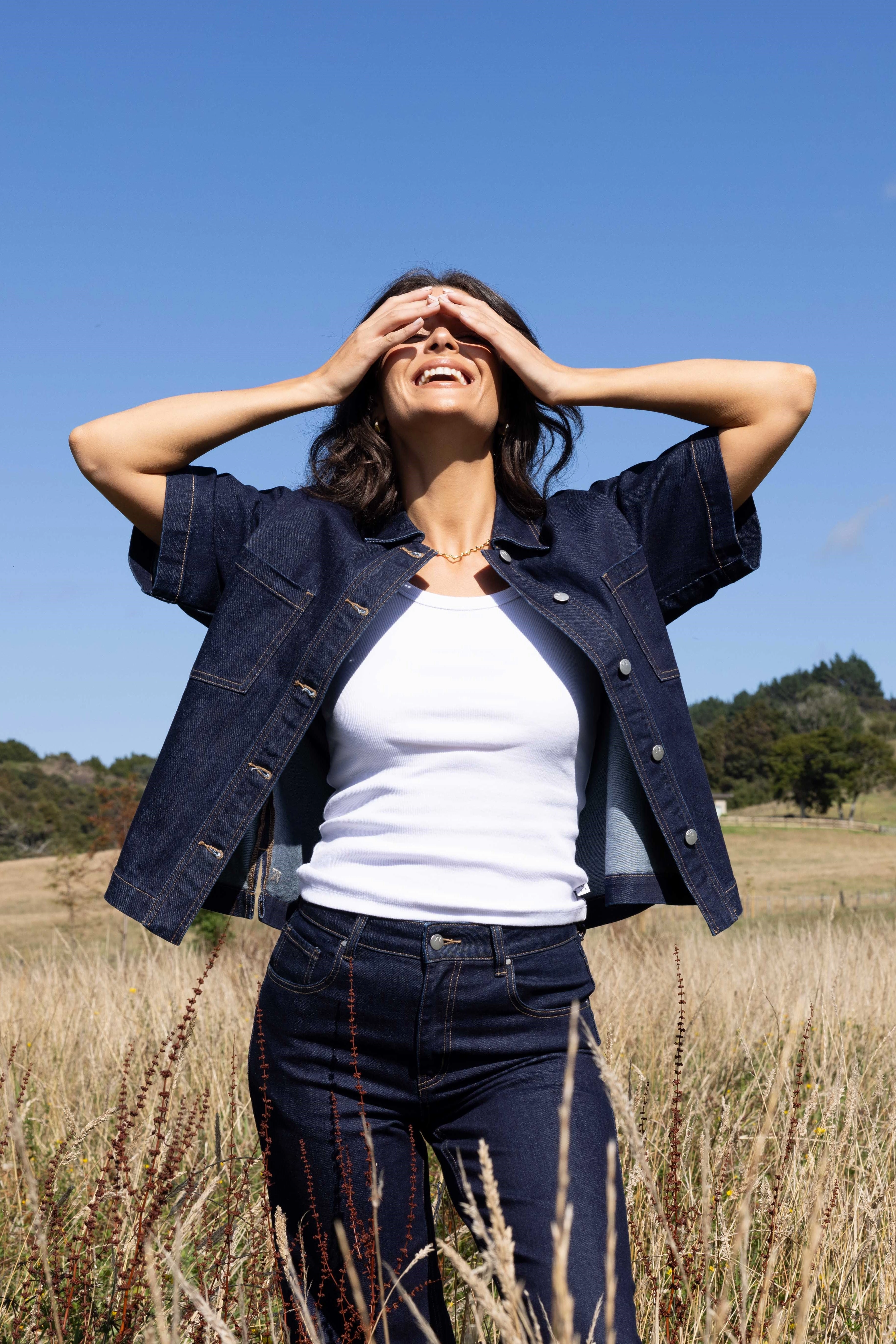 Lightweight Packability Non Restrictive Armholes Shine On Label Nolan Short Sleeve Denim Shacket Indigo