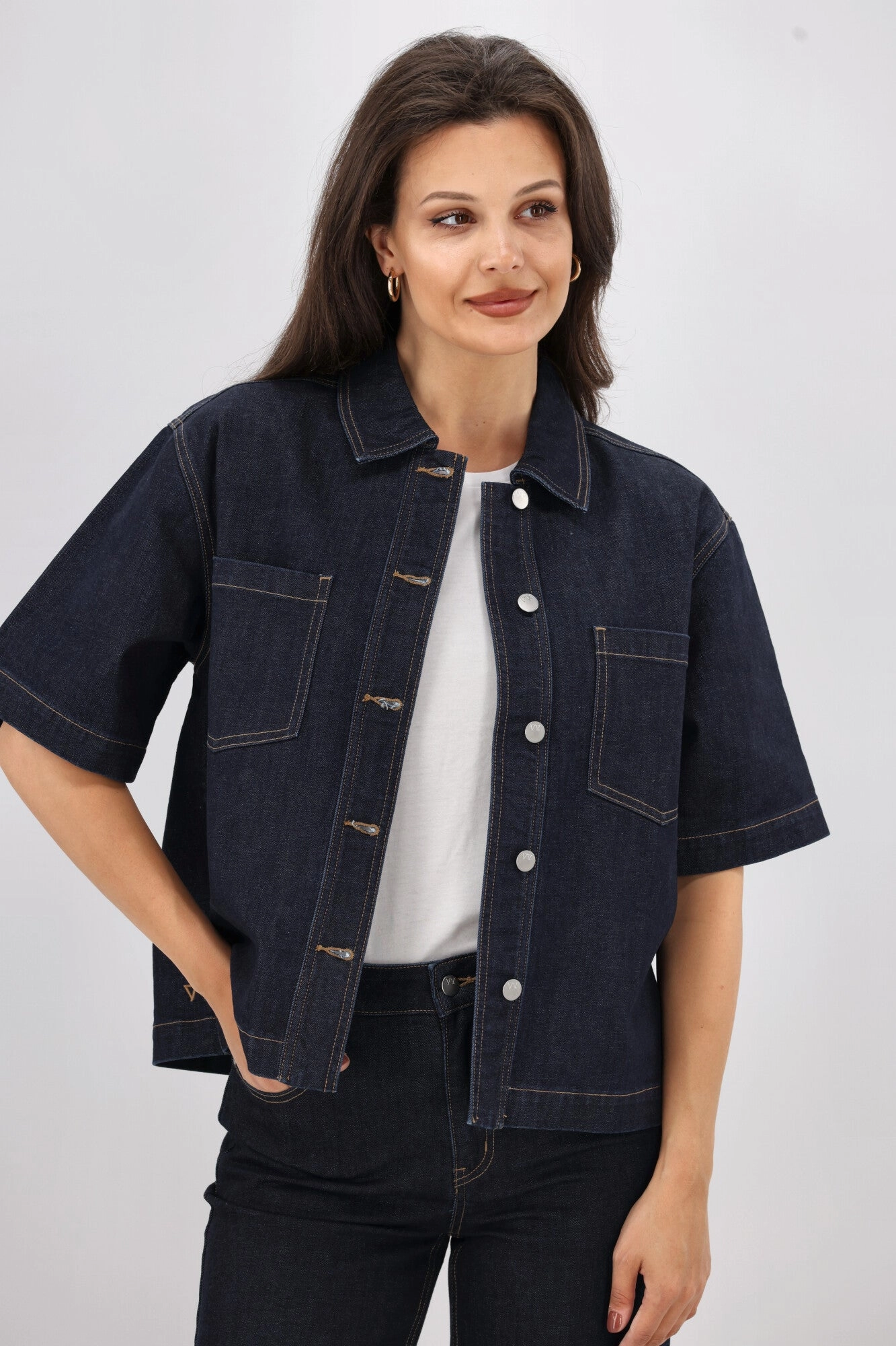 Shine On Label Nolan Short Sleeve Denim Shacket Indigo Stand Up Collar