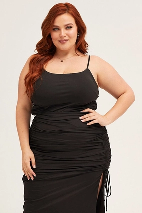 Black Jersey Sleeveless Ruched Bodycon Midi Dress Lace Accent