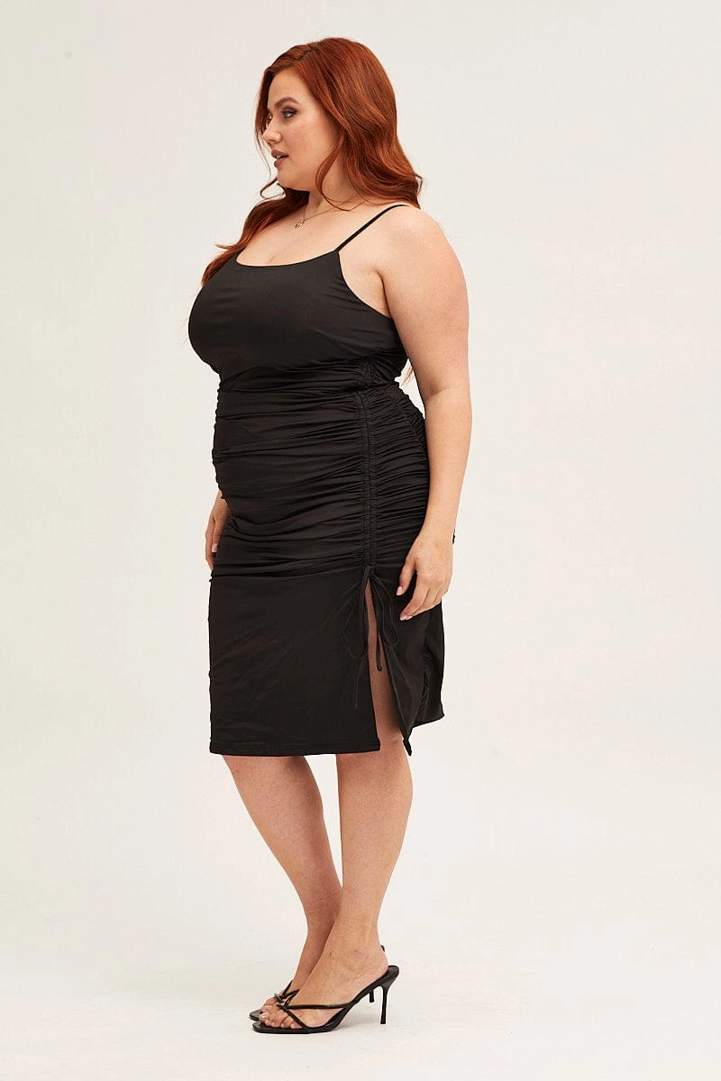 Elegant Look Easy Going Black Jersey Sleeveless Ruched Bodycon Midi Dress
