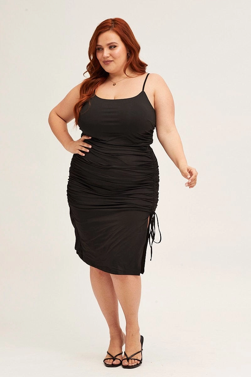 Black Jersey Sleeveless Ruched Bodycon Midi Dress Modern-style Contemporary Vibe