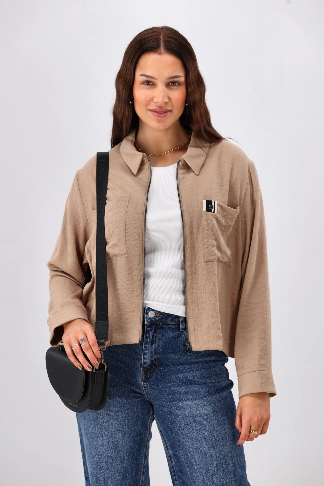 Shine On Label Lulu Zip Collared Jacket Camel Sporty Fit Lightweight Layer