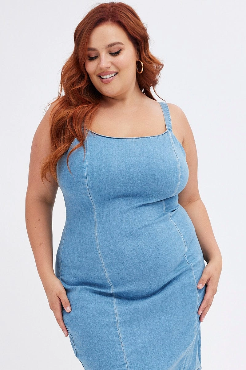 Blue Shoestring Strap Fitted Stretch Denim Mini Dress Soft Structure