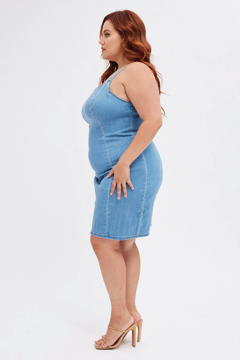Light Shape Blue Shoestring Strap Fitted Stretch Denim Mini Dress