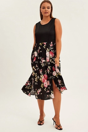 Print Cream Print Sleeveless Plain Bodice Long Dress Vibrant Hue