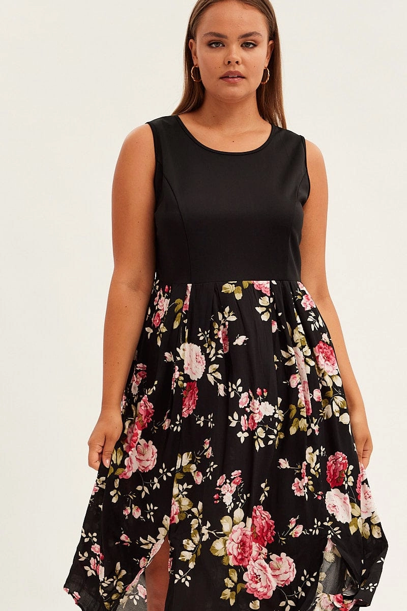 Lightweight Feel Print Cream Print Sleeveless Plain Bodice Long Dress