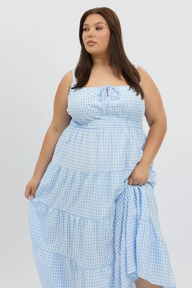 Dreamy Texture Blue Check Midi Dress Sleeveless Tiered