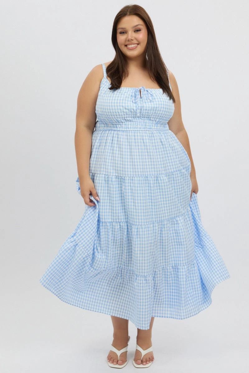 Blue Check Midi Dress Sleeveless Tiered Feminine Vibe